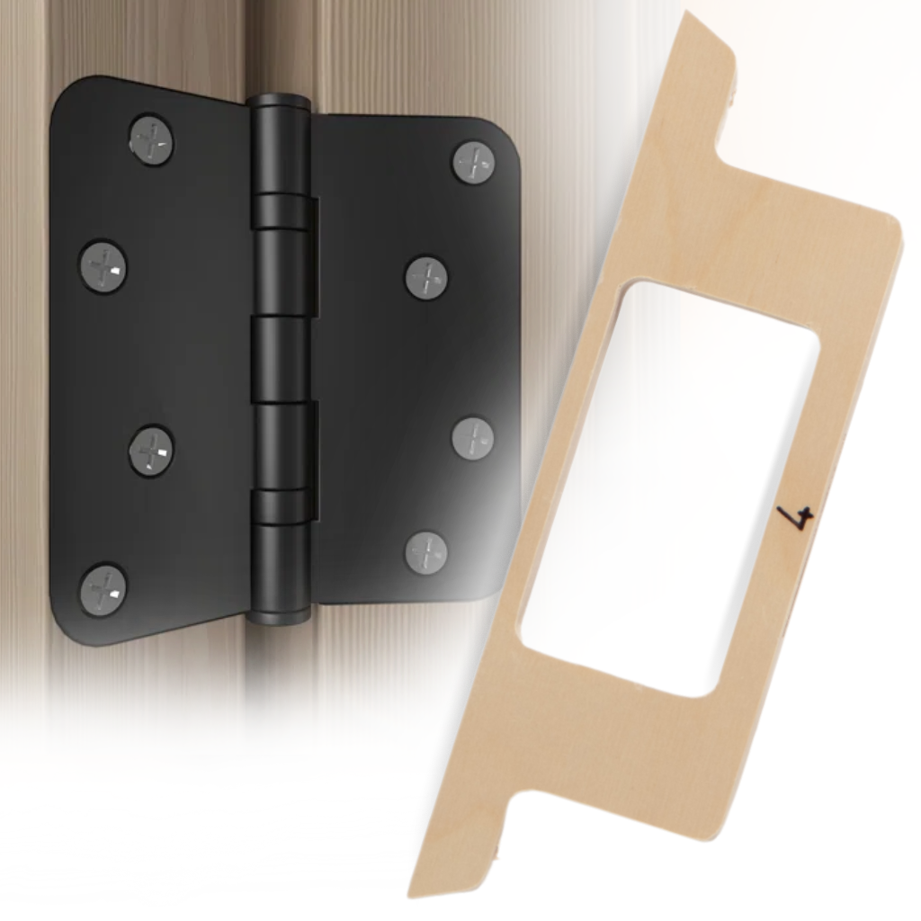 Router templates for conventional door hinges. Full-length, multi-piece kits, and single-pocket sizes for 3.5", 4", and 4.5" hinges. Made in the USA.