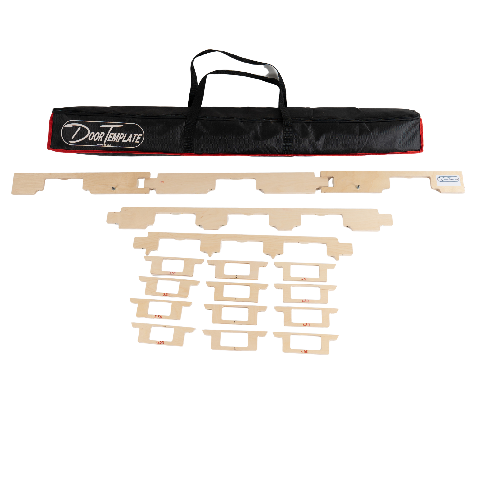 Door Template multi-piece kit broken down into its component sections, ready to pack into the included carry bag.