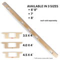 Door Template full length one-piece templates in 6 foot 8 inch, 7 foot, and 8 foot door sizes, alongside three hinge sizes with four pieces each, top-down view showing precision-cut hinge cutouts.